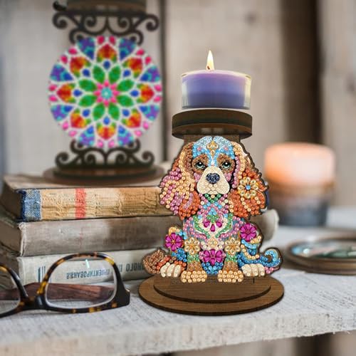 ARTopet DIY Diamond Art Painting Candlestick Holders Wooden Desk Candle Holder Ornament Double Sided Diamond Tabletop Ornaments for Home Decor-Dog - color: Dog