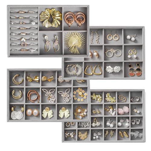 Jewelry Drawer Organizer, 4 Set of Stackable Jewelry Trays for Drawer Inserts Velvet Organizers and Display Storage for Earring Necklace Rings Bracelets (Gray)
