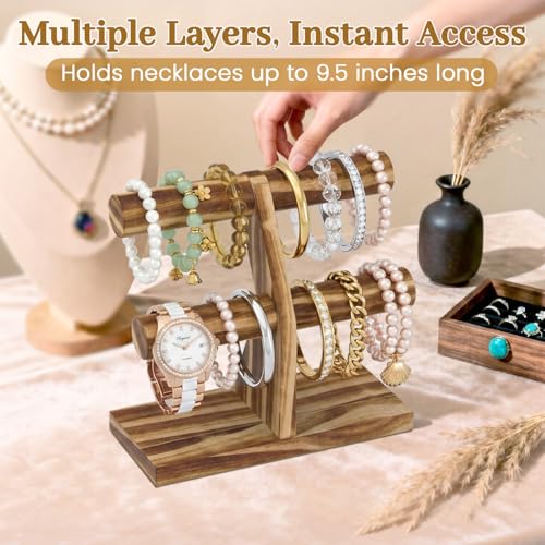 MODOWEY Bracelet Holder Organizer Display Stand, 2 Tier Wooden T Bar Bangle Rack for Dresser, Small Jewelry Hanger with Rod for Vendor Selling, Desktop Jewellery Tree for Home Business, Rustic Brown - color: Rustic wood