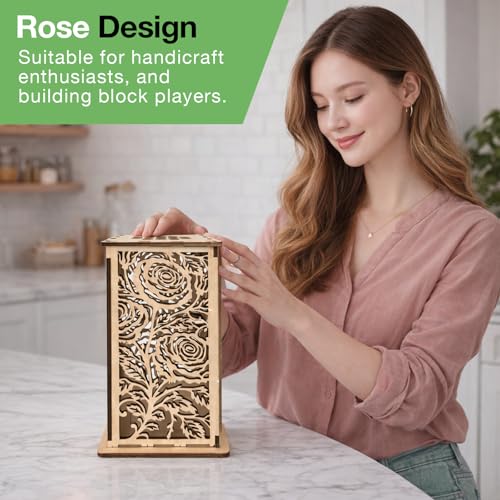 Rose Wooden Vase for Lego Flowers,Display Stand for Lego botanicals,Elegant Rose-Style Hollow Pattern Vase for Flower Lovers (Wood) - color: Wood-rose