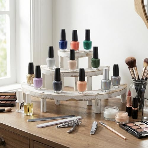MyGift 3 Tier Wooden Display Riser Stand, Cupcake Stand & Perfume Organizer, Rustic Whitewashed Tiered Display Shelf for Desserts, Nail Polish, Makeup, Plants & Collectibles - color: Whitewashed