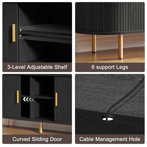 DHH 70.8 Inch Mid Century Modern TV Stand with Power Outlet for TVs up to 80 Inch, Entertainment Center with Storage and Adjustable Shelves, Media Console with Sliding Doors for Living Room, Black - color: Black, size: 71 Inch