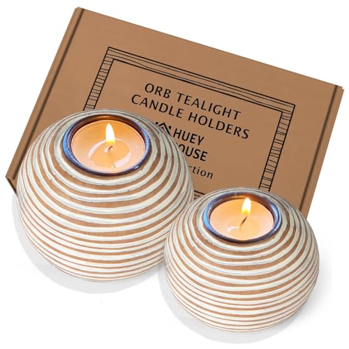 Tuva Orb Candle Holders (Gift Boxed Set of 2), Table Centerpieces for Dining or Living Room, Spa, Bathroom, Kitchen Counter, Mantle or Coffee Table Decor (Light Brown and White) - color: Light Brown and White