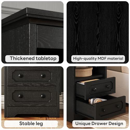 LIKIMIO Night Stand, Modern Bedside Table with 2 Drawers, Open Shelf, End Table with Pull-Out Tray, Wood SideTable, Black - color: Black