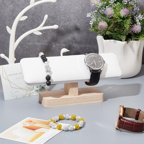 NBEADS Wooden Watch Display Stand, T-Bar Bracelet Holder PU Leather Jewelry Organizer Holder Removable Bangle Anklet Tower Rack for Home Use, Retail Display Selling, White, 7.6×1.97×3.39 Inch