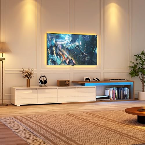 Extendable TV Stand with LED Light, Modern Entertainment Center for up to 120 Inch TV, Wood TV Media Console with 2 Drawers & 2 Cabinets for Living Room Bedroom, 75"-110", High Gloss White & Walnut - color: High Gloss White & Walnut