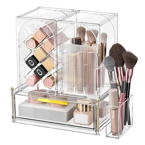INVSSENE Stackable Makeup Organizer Countertop, Storage Perfume Skincare Cosmetic Lipstick Face Mask Makeup Brush Palettes, Ideal for Vanity Bathroom Counter - color: 3515 Clear