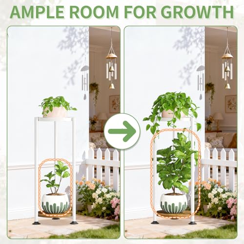 KMOTASUO 2 Tier White Plant Stand Indoor for Large Tall Heavy Duty Planter, Multiple Sturdy Metal Flower Corner Rack for Narrow House Floor, Iron Vertical Level Round Orchi Holder Organizer, Modern - color: White + Brown, size: 2 Tier