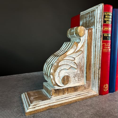 Vintage One Pair of Distressed-Finish Wooden bookends with a Carved Pattern, Perfect for Shelves, Heavy bookends for Books, and Modern Accent for Living Room,Office (Rustic White) - color: Rustic White