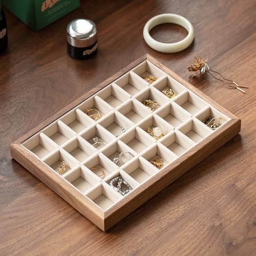 28-Grid Black Walnut Wooden Jewelry Tray with Velvet Lining, Premium Jewelry Display Tray for Earrings and Rings, Drawer Organizer Display Tray for Women's Jewelry Collection - color: 28 grid