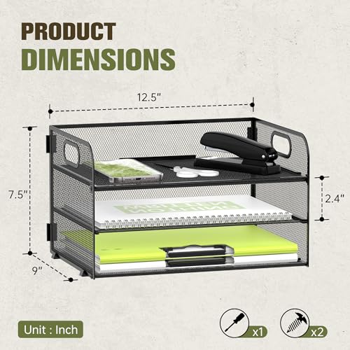 DALTACK 3 Tier Paper Organizer with Handle, Mesh Metal Desk Organizer with Sliding Paper Trays for Letter/A4 Paper, Mail, Bills & Folders, Black - color: Black