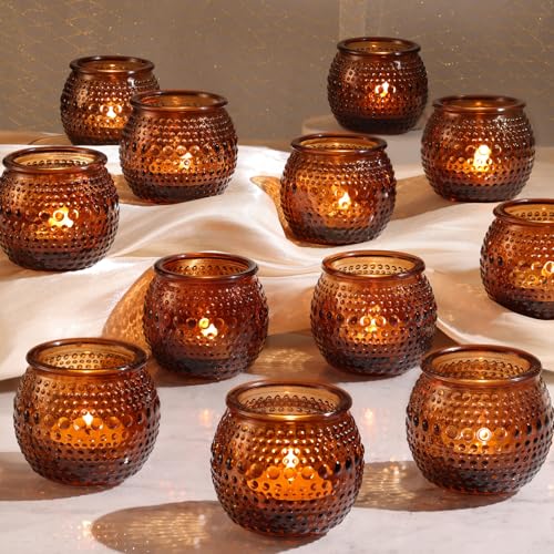 32 Pcs Amber Votive Candle Holders, Round Amber Glass Candle Holder with Polka Dot Embossed, Vintage Votive Candle Holders for Weddings, Home Decor, Baby Shower, Special Occasions - color: Amber