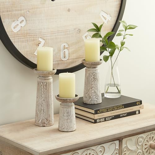 Deco 79 Wood Floral Handmade Decorative Candle Holder Intricate Carved Pillar Candle Stand, Set of 3 Candlestick Holder 10', 8', 6'H, White