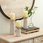 Deco 79 Wood Floral Handmade Decorative Candle Holder Intricate Carved Pillar Candle Stand, Set of 3 Candlestick Holder 10', 8', 6'H, White