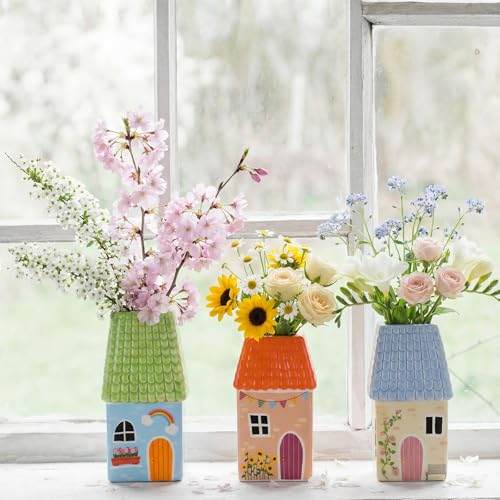 Remerry Ceramic House Shape Vase 2.4 x 3.8 Inch Mini Handmade Vase Decorative Small Flower Container for Living Room Bedroom Farmhouse Home Table Decor Cute Birthday Gift(Green) - color: Green
