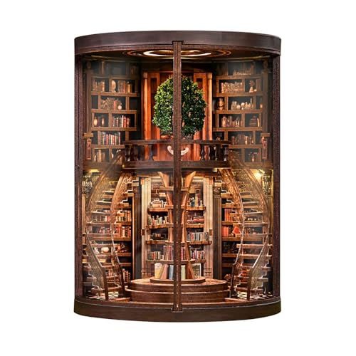 Book Nook Kit for Adults & Teens – DIY Miniature House Library, Wisdom Ring Library 3D Wooden Puzzle Bookend Bookshelf Insert with LED Light, Dollhouse Craft Kit for Decor & Gifts