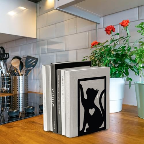 Peacoblue Metal Bookends for Shelves, Study Cast Iron Cute Cats Rustic Book Stoppers Support Holder Bookends Used on Desk, Shelf, Farmhouse Room for Small Heavy Duty Books 4.7"x3.5"x7", 1 Pair(Cats) - color: Cat