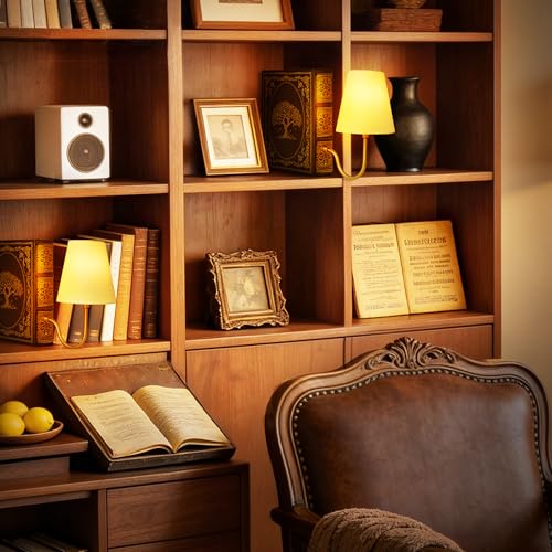 AELS Vintage Bookshelf Lamp with Bulb, Cordless Touch Dimmable Table Lamp with Linen Fabric Shade, Battery Operated, Modern Farmhouse, Book Sconce for Office Home Bedroom, Tree of Life Brown & Gold - color: Tree of Life Brown, size: Rechargeable Model