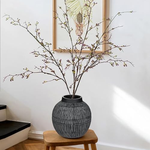 7" Short Rustic Vase with Geometric Linear Striations, Round Ceramic Vase Suitable for Leaves Stems & Flowers, Low-Profile & Cool Tone Style, Chunky, Small & Dark Grey - color: 7" Dark Grey