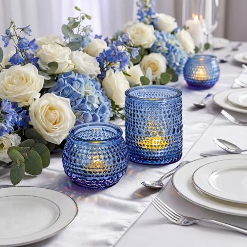 Rubtlamp Votive Candle Holders Set of 24, Blue Glass Candles Holder, Tea Light Candle Holders for Wedding Centerpieces, Vintage Candle Holder for Wedding & Home Table Decor - color: Blue