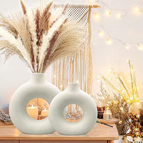 QLOFEI White Ceramic Vases Set of 2, Round Matte Modern Vase for Home Decor, Donut Ceramic Design Pampas Grass Vases for Living Room Coffee Table Decor, Boho Style for Gift - color: White, size: Big + Super Big