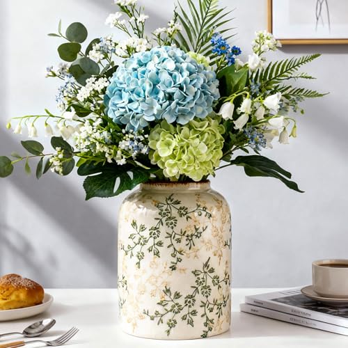 Green Chinoiserie Floral Vase, Ceramic Farmhouse Flower Vase, Creative Ice Cracked Vintage Vases for Home Decors, Cottage, Dining Coffee Table Centerpiece, Bookshelf, Tuscan Decor,8.3 Inch - color: Green and Beige02