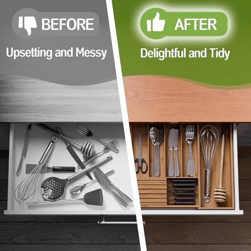 Bamboo Kitchen Silverware Drawer Organizer - Expandable Wood Utensil Holder with Dividers, Luxury Cutlery Storage Tray for Kitchen Utensil and Flatware (5-7 Slots with Removable Knife Block, Walnut) - color: Walnut