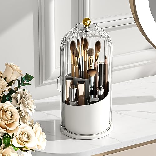 GAXmi Makeup Brush Holder with Lid Cosmetic Tools Organizer 360 Rotating Waterproof Dustproof Beauty Brushes Storage for Vanity, Transparent - color: Transparent