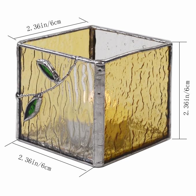 Handmade Windproof Stained Glass Cube Candle Holder - 5-Sided Floral & Leaf Design for Altar, Prayer, Windowsill - Sacred Gift for Christians, Mom, Christmas & Easter (Leaf) - color: Leaf