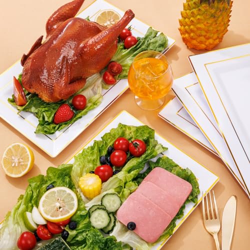 I00000 6 Pack Plastic Serving Trays, Gold Rim Disposable Serving Trays, Gold Disposable Serving Platter for Food Party Serving Platters and Plastic Trays 13.97x8.46 inches - color: White Gold
