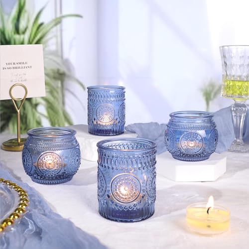 36 Pcs Blue Votive Candle Holders Bulk- Assorted Floral Tea Light Candle Holders for Wedding Table Decor, Blue Centerpieces for Wedding, Bridal Shower, Baby Shower Decorations - color: Blue