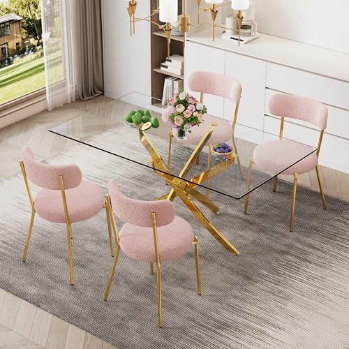 5 Piece Rectangular Glass Dining Table Set, 63'' Modern Kitchen Table Set Gold Base with 4 Luxury Pink Gold Boucle Dining Chairs, Dining Table and Chairs for Home, Apartment - color: Golden+pink Gold Chairs, size: 63'' + 4 Chairs