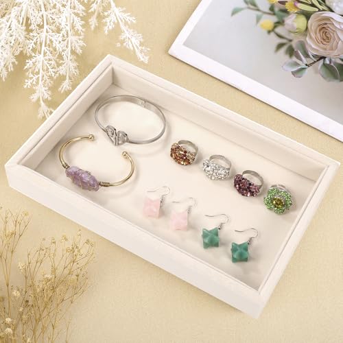 Mornajina 9" x 5.7" Velvet Jewelry Tray Jewelry Display Tray, Stackable Empty Plate Trays for Earrings Necklaces Bracelet Rings Display Showcase - Light Khaki - color: Light Khaki, size: Flat Tray 9"x5.7"