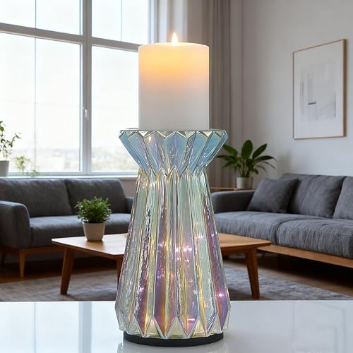 Home Decor, Mercury Glass Pillar Candle Pedestal Holders with Led Lights, Lighted up Candle Holder for Pillar Candle, Candlestick Holders with Timer for Wedding Home Dining Table Xmas (Colorful) - color: Colorful