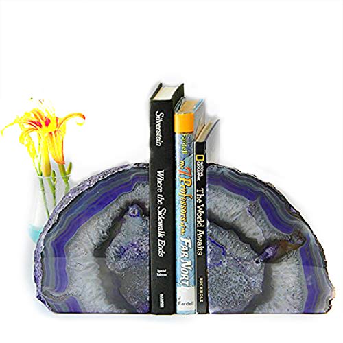JIC Gem Dyed Purple Natural Agate Bookends Polished Stone Book Ends Crystal Geode Bookends for Shelves to Hold Books with Rubber Bumpers(1 Pair, 3-4 LBS) - color: Purple Dyed, size: 3-4LBS.