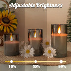 Rechargeable Flameless Candle, Flashing LED Pillar Real Wax Candle with Remote Control and Timer, Upgraded Teardrop Wick, Gray Electronic Candle, 1 Set of 3 - color: Grey Glass-Droplet