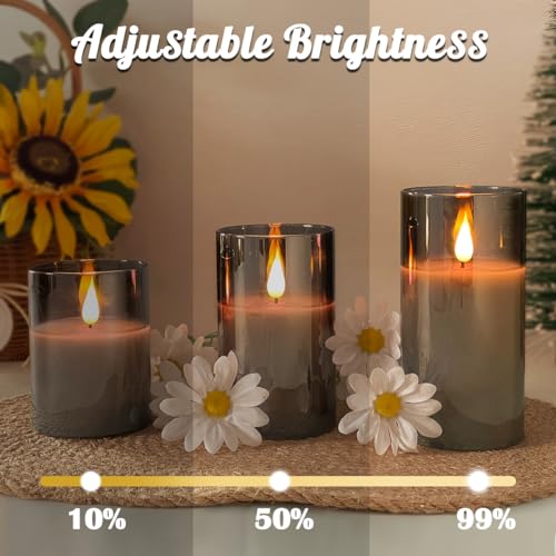 Rechargeable Flameless Candle, Flashing LED Pillar Real Wax Candle with Remote Control and Timer, Upgraded Teardrop Wick, Gray Electronic Candle, 1 Set of 3 - color: Grey Glass-Droplet