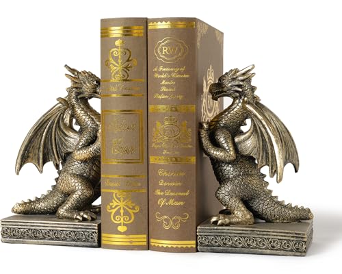 Dragon Statue Decorative Bookends for Shelves, Antique Gold Dragon Statue Home Office Decoration, Fantasy Dragon Figurine Enthusiasts Gifts - color: Antique Gold