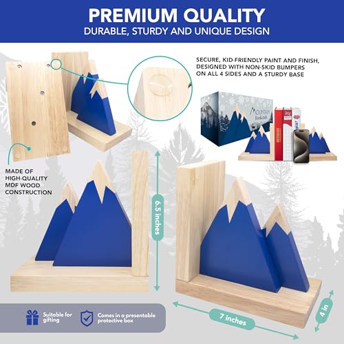 Decorably Blue Mountain Book Ends for Kids Books - 1 Set Non-Skid Wooden Bookends for Kids, Book Ends for Shelves, Kid's Room, Baby's Nursery, Classroom