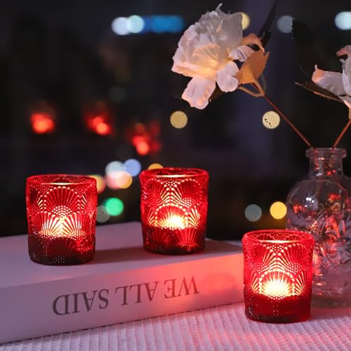 Woho Red Votive Candle Holders Set of 12 for Boho Wedding Table, Ginkgo Leaves Design Tealight Candle Holder Vintage for Christmas Decorations, Glass Tea Lights Candle Holder for Valentines Day Decor - color: Red