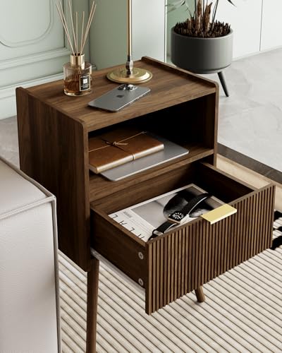 Veegle Nightstand,Modern Bedside Table with Storage Drawer and Open Wood Shelf, Accent Night Stand with Solid Wood Legs for Living Room, Bedroom and Small Spaces,Easy Assembly (Walnut Brown) - color: Walnut Brown