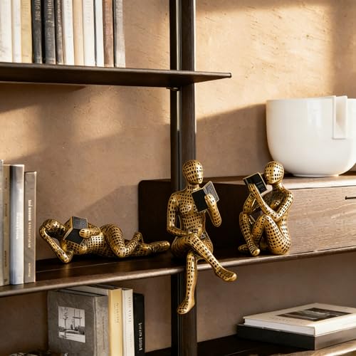 XINXUAN Gold Abstract Man Sculpture with Crystal Balls - Modern Art Deco Home/Office Shelf and Table Top Decoration, Ideal Gift for Art Lovers, 8" Tall (3PCS Letter-Gold Reading)