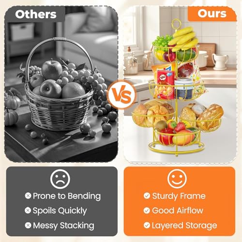 PouHenier.jh 5 Tier Fruit Basket Stand for Counter, Kitchen Tall Tiered Fruit Bowl Organizer for Dining Table Countertop, Multi Level Fresh Produce and Vegetable Holder Rack, Sturdy Metal Wire, Gold