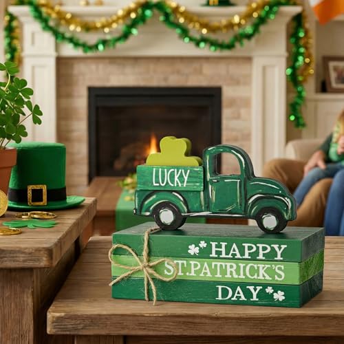Smile St.Patrick's Day Wooden Book Stack Decor Green Shamrock & Lucky Truck Design, Freestanding Tabletop Shelf Wood Sign for Home Office - style: St Truck