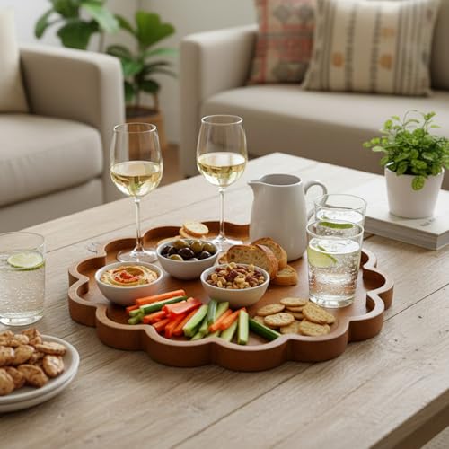BreezeHug Brown Decorative Serving Tray Wood 12.6 Inch Scalloped Serving Tray Round Wooden Display Plate with Scalloped Borders for Coffee Table Living Room Bedroom Entryway Decoration - color: Brown