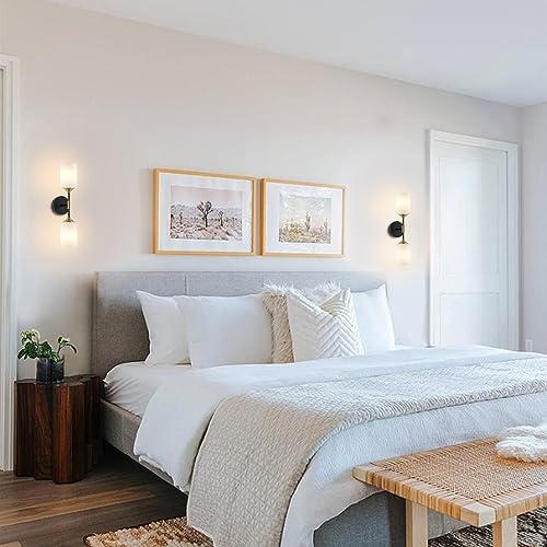 BYOLIIMA Industrial Mid Century Wall Sconce 2-Lights with White Cylinder Glass Shades Modern Bathroom Vanity Wall Lamp Matte Black and Gold Brushed Brass Finished Wall Light Fixture - color: Gold/Black-Cylinder Glass Shades