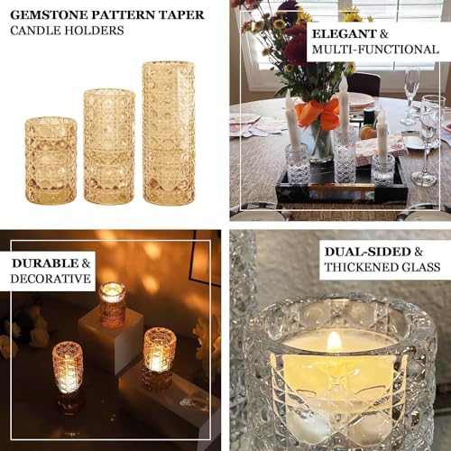 Efavormart Set of 3 Clear Glass Taper Candle Holders with Gemstone Pattern, Dual Sided Crystal Cylinder Tealight Candle Stick Stand - 3",4",5.5" - color: Type8