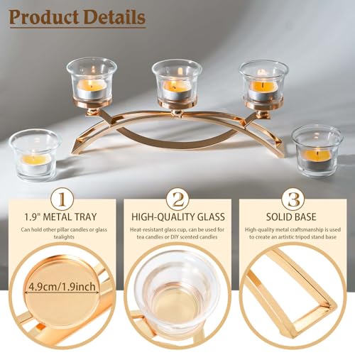 3-Arm Metal Tea Light Candle Holder Set with 5 Glass Cups, Votive Candle Holders Centerpiece Candelabra for Wedding Table Decor, Home Gatherings and Holidays (Gold, 5 Cups) - color: Gold, size: 5 Cups