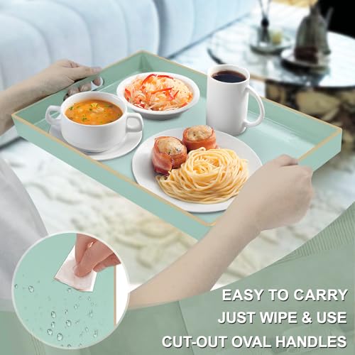 MAONAME Mint Green Serving Tray with Handles, Modern Decorative Trays for Coffee Table, Plastic Rectangular Trays for Ottoman, Bathroom, Decor, 15.8” x 10.2” x 1.4" - color: Mint Green, size: 15.8" x 10.2" x 1.4"