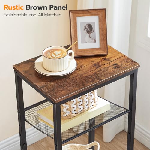 HOOBRO Side Table, 3-Tier Tall End Telephone Table with Adjustable Mesh Shelves, Small Entry Table for Living Room Bedroom Hallway or Office, Rustic Brown and Black BF01DH01G1 - color: Rustic Brown + Black